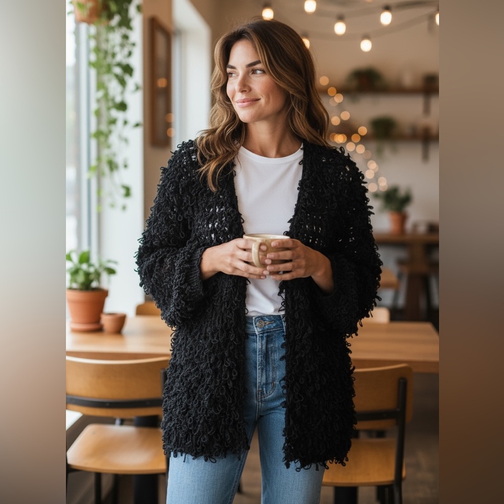 Aaron & Amber Black Knotted Chunky Women's Cardigan